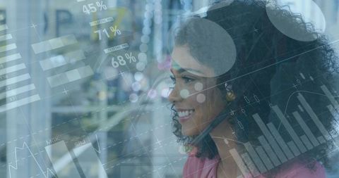 Businesswoman Using Headset Amidst Data Visualizations