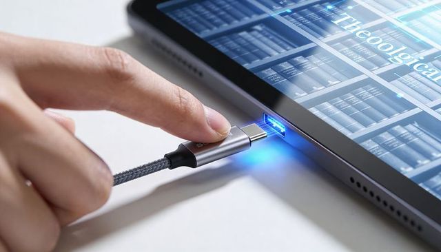 Hand plugging braided usb-c cable into tablet with blue led port and digital bookshelf
