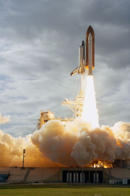 STS080-S-007 (19 Nov. 1996) --- One of the nearest remote camera stations to Launch Pad B captured this profile image of space shuttle Columbia's liftoff from the Kennedy Space Center's (KSC) Launch Complex 39 at 2:55:47 p.m. (EST), November 19, 1996.  Onboard are astronauts Kenneth D. Cockrell, mission commander; Kent V. Rominger, pilot; along with Story Musgrave, Tamara E. Jernigan and Thomas D. Jones, all mission specialists.  The two primary payloads for STS-80 stowed in Columbia?s cargo bay for later deployment and testing are the Wake Shield Facility (WSF-3) and the Orbiting and Retrievable Far and Extreme Ultraviolet Spectrometer (ORFEUS) with its associated Shuttle Pallet Satellite (SPAS).
