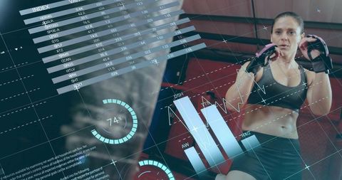 Female Athlete Boxing with Futuristic AR Fitness Overlay Screens