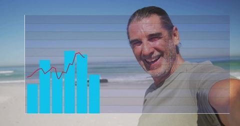 Mature Man Enjoying Beach Vacation with Data Chart Overlay