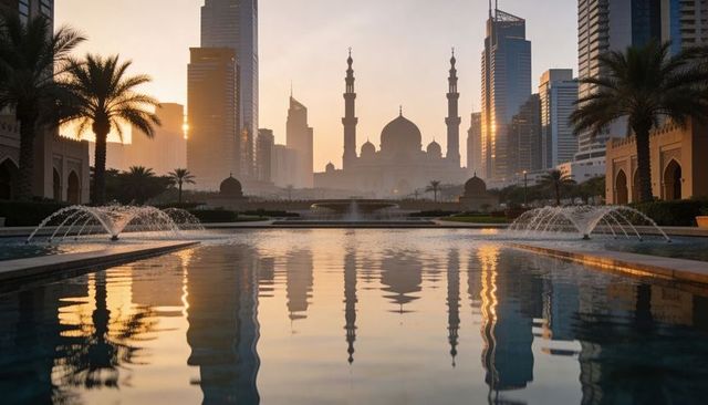 Golden hour mosque silhouette reflecting in pool with fountains and urban skyline