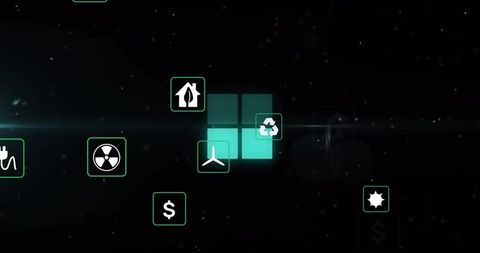 Teal 2x2 glowing cube floating over futuristic energy interface with green sustainability icons