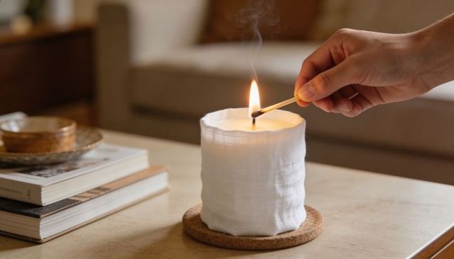 Hand lighting linen-wrapped candle on coffee table creating warm hygge glow