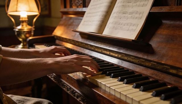 Playing vintage upright piano in warm parlor light, hands on ivory keys with sheet music