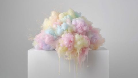 Pastel cotton candy cloud sculpture dripping glossy syrup on white plinth minimalist