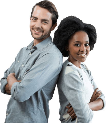 Confident Mixed Ethnic Couple Standing Back to Back on Transparent Background