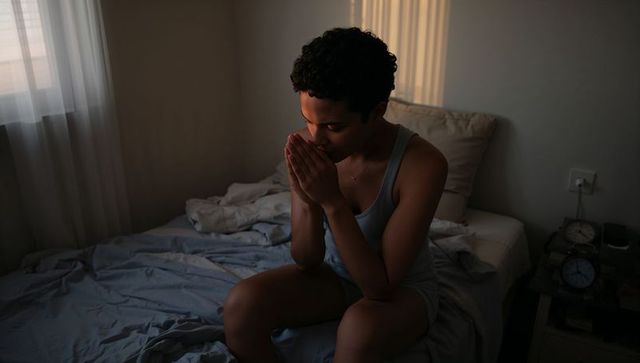 Woman sitting on unmade bed praying and reflecting in soft morning light