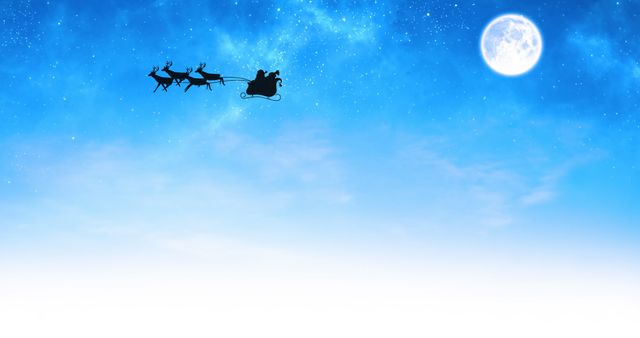 Santa Claus Flying with Sleigh and Reindeer Against Moonlit Sky - Download Free Stock Images Pikwizard.com