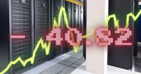 Data Center Corridor with Digital Financial Indicators Overlay