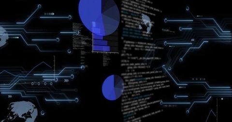 Displaying Blurred Code Column Pulsing with Neon Blue Charts and Network Analytics