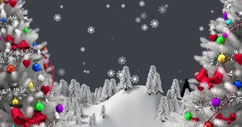 scene captures snowflakes gently falling over vividly decorated christmas trees in a snowy forest. ribbons and ornaments add vibrant color contrast to the serene, wintry backdrop. ideal for use in holiday greeting cards, digital seasonal promotions, or festive event invitations, bringing a joyful and cheerful atmosphere to any project.