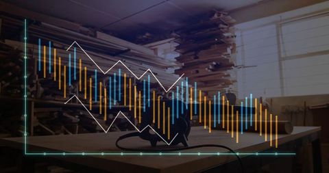 Circular saw on workbench with analytics graph overlay