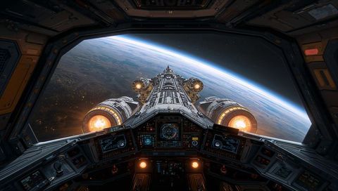 Cockpit view framing capital ship departing planet horizon with glowing engine nozzles