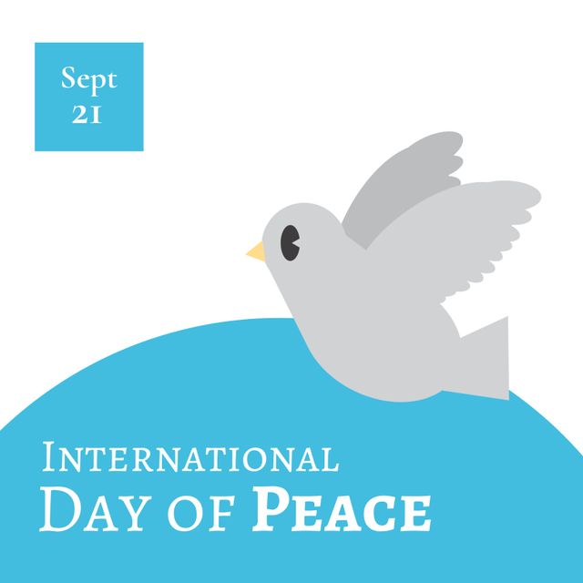 Vector image of bird with international day of peace text, copy space. Illustration, avoid war and violence, celebration, commemorating and strengthening ideals of peace, spread kindness.