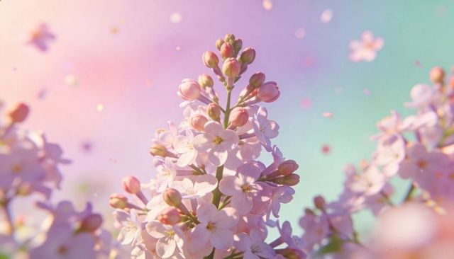 Pale lilac blooms glowing in pastel bokeh close-up of delicate four-petaled blossoms