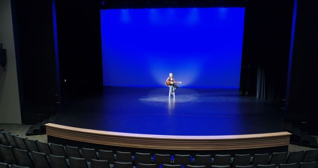 Guitarist performing solo on an expansive stage under blue lighting. Perfect for illustrating live music events, performing arts, concerts, and entertainment venues. Could be used for promoting music performances, theater productions, and art events.