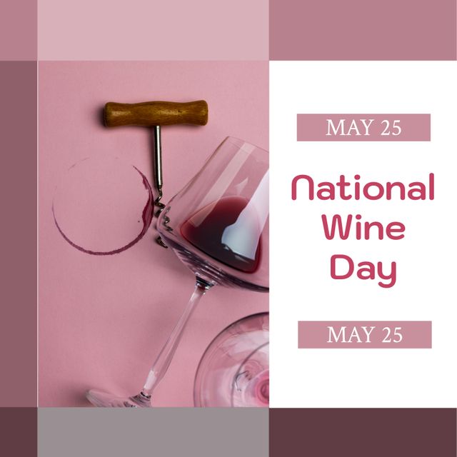 National Wine Day Celebration with Glass, Corkscrew, and Wine Stain - Download Free Stock Templates Pikwizard.com