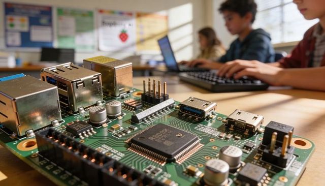 Sunlit pcb single-board computer with usb ports on classroom desk, students typing