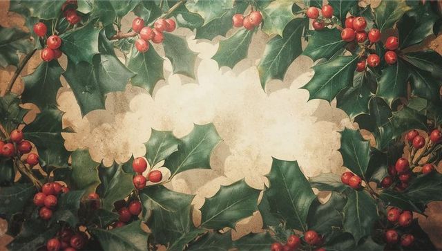 Vintage holly leaves and berries framing aged paper center