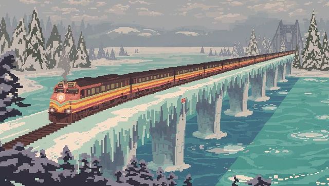Long orange passenger train crossing icy winter coastal viaduct with icicles retro pixel art