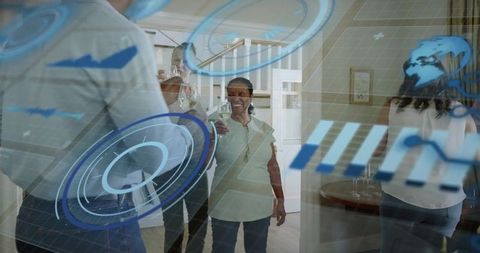 Friends toasting in modern foyer with futuristic blue HUD overlay and wine glasses
