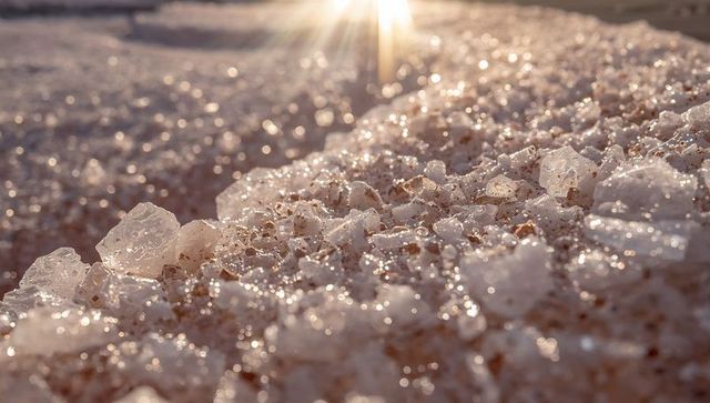 Glinting salt crystals sparkling at golden hour with starburst sun flare, close-up