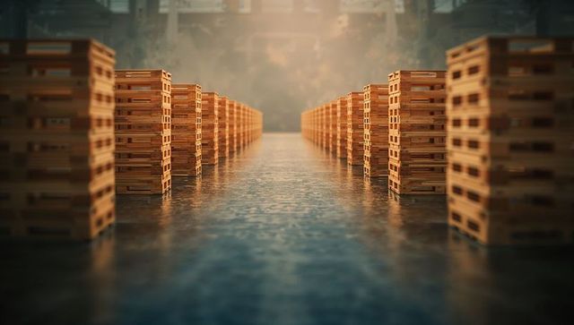 Wooden pallets forming aisle in warehouse with illumination
