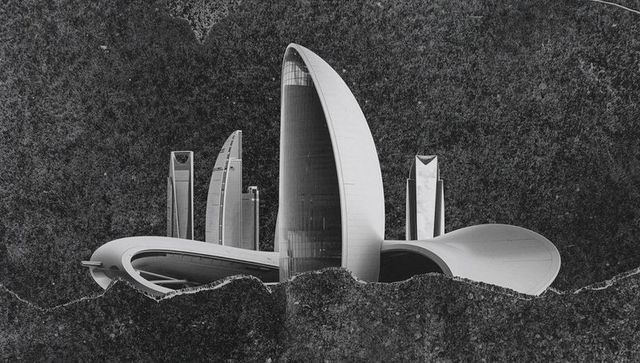 Futuristic sculptural architecture cluster with oval shell tower and curvilinear facade