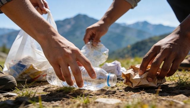 Volunteer hands collecting litter in alpine meadow picking plastic bottles and paper