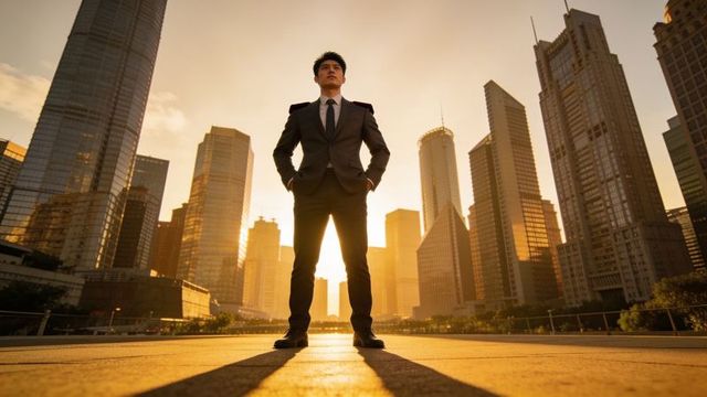 Confident businessman standing tall on urban plaza at golden hour surrounded by skyscrapers