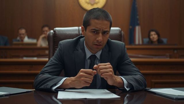 Concerned attorney reviewing documents at counsel table during federal court hearing