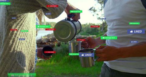 Sharing Coffee Outdoors With Floating Social Media Icons