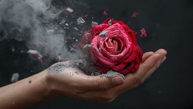 Cupped hand holding disintegrating red rose releasing ash, dust, smoke and petal fragments
