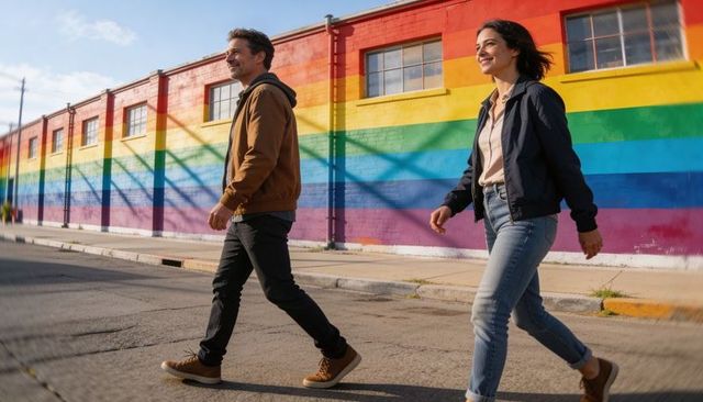 Couple walking past vibrant rainbow wall mural on urban street smiling and enjoying day