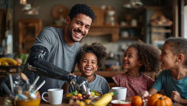 Father with Bionic Arm Dining with Happy Children in Cozy Kitchen