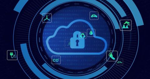 Displaying Cloud Security HUD with Environmental Monitoring Tiles and Encryption Padlock
