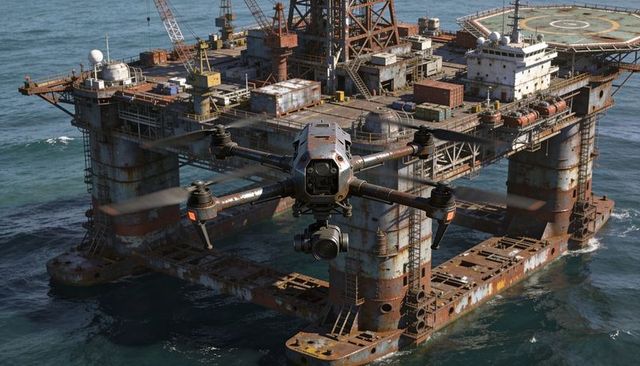 Quadcopter drone surveying rusted offshore oil platform with gimbal camera for inspection