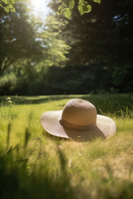 Close up of sunhat in grass on sunny day, created using generative ai technology. Sunhat, vacation, summer and sun concept digitally generated image.