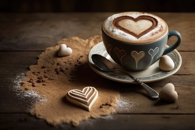 Cup of coffee latte with heart pattern and cookies on table, created using generative ai technology. Coffee, caffeine and drink concept digitally generated image.