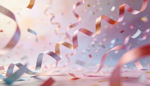 Twisting pastel metallic streamers scattering confetti over soft bokeh festive background