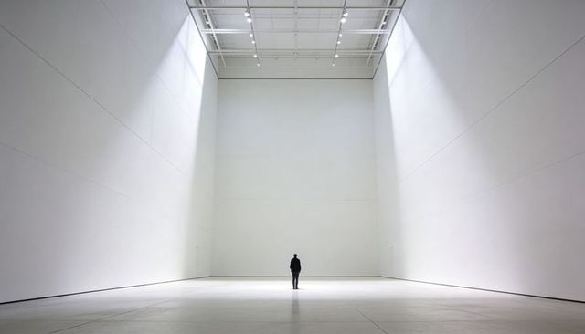 Solitary Figure Standing in Vast Minimalist Gallery with Skylight and Symmetrical Walls