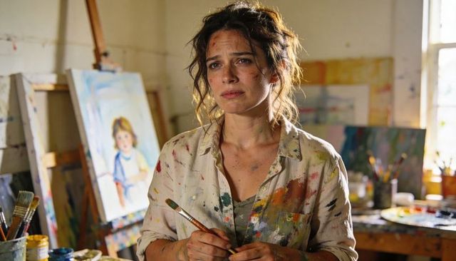 Painter holding paintbrush wearing paint-stained shirt, working in sunlit messy studio