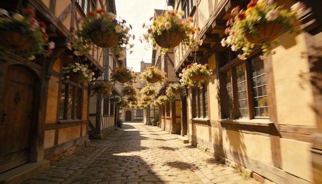 Sunlit Cobblestone Lane with Hanging Flower Baskets and Half-Timbered Village Facades