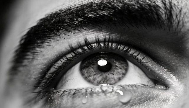 Closeup eye showing tear drop in black and white macro portrait with textured iris detail