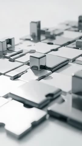 Pulling back camera racking focus over polished chrome modular tile grid with posts