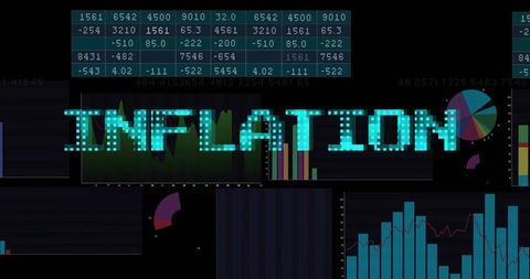 Teal inflation led marquee over dark financial dashboard showing charts and data matrix