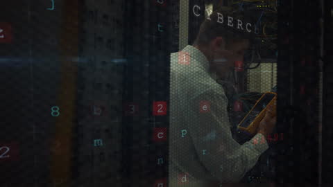 Digital Data Processing in Server Room with IT Technician