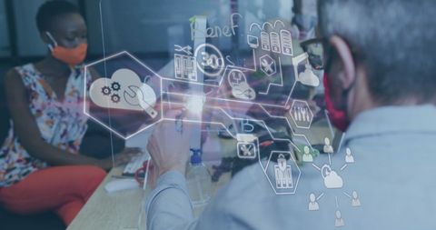 Diverse team collaborating on financial data processing with digital interface