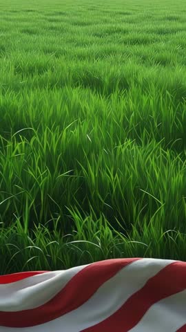 Vertical video showing red-and-white striped cloth billowing over lush green grass field